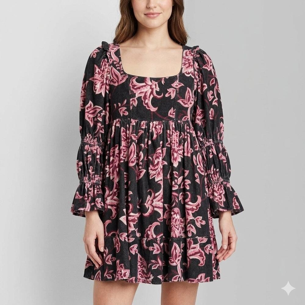 MAHILA Anthropologie Mini Dress XS Smocked Puff Sleeve Corduroy Pink Black Boho